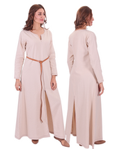 FAYE Cotton Natur - Medieval Viking Women’s Front and Back Slitted Dress with Hand-Stitched Seams
